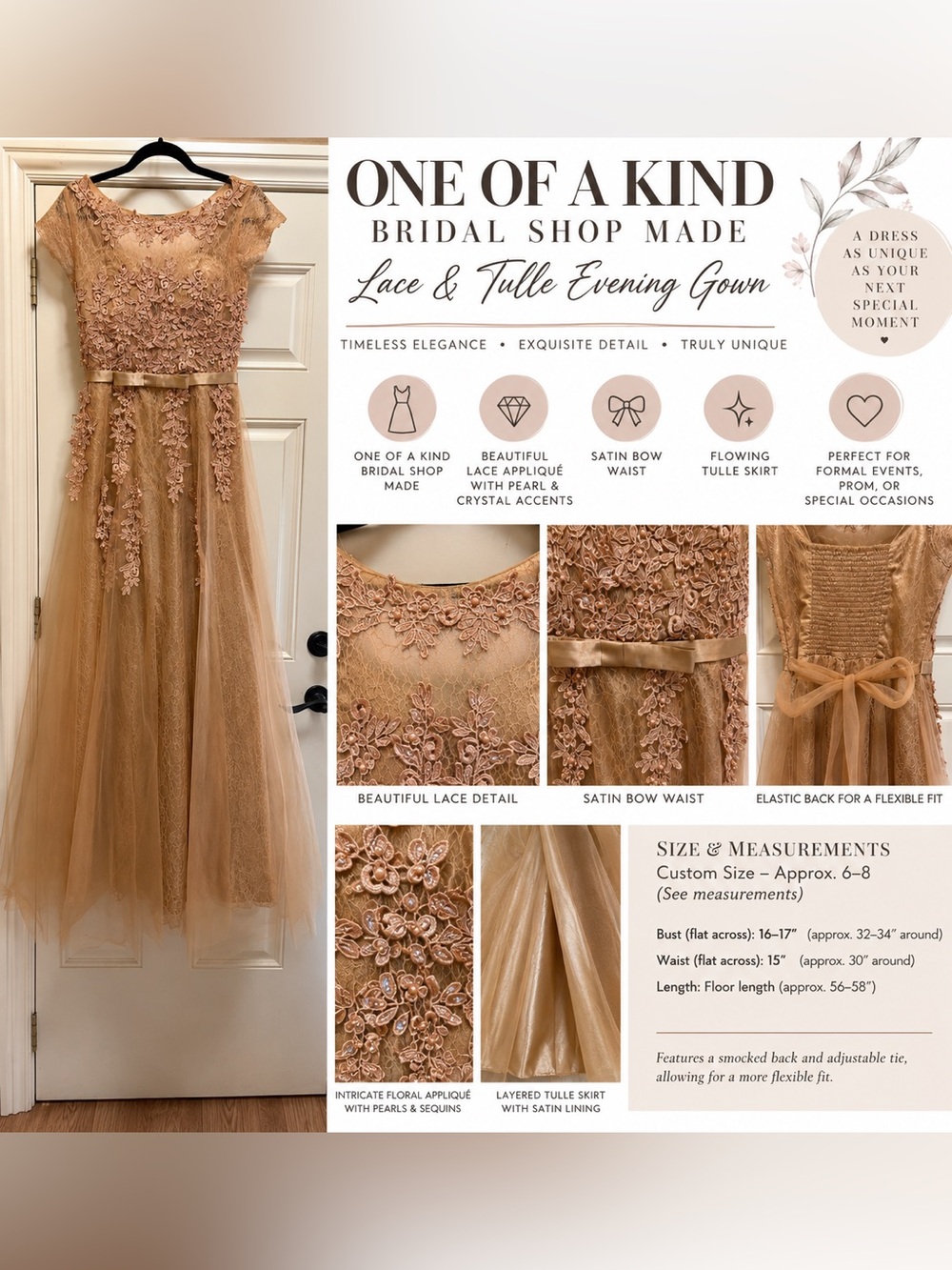 Custom Bridal Shop Lace Pearl Tulle Formal Gown Champagne Size 6